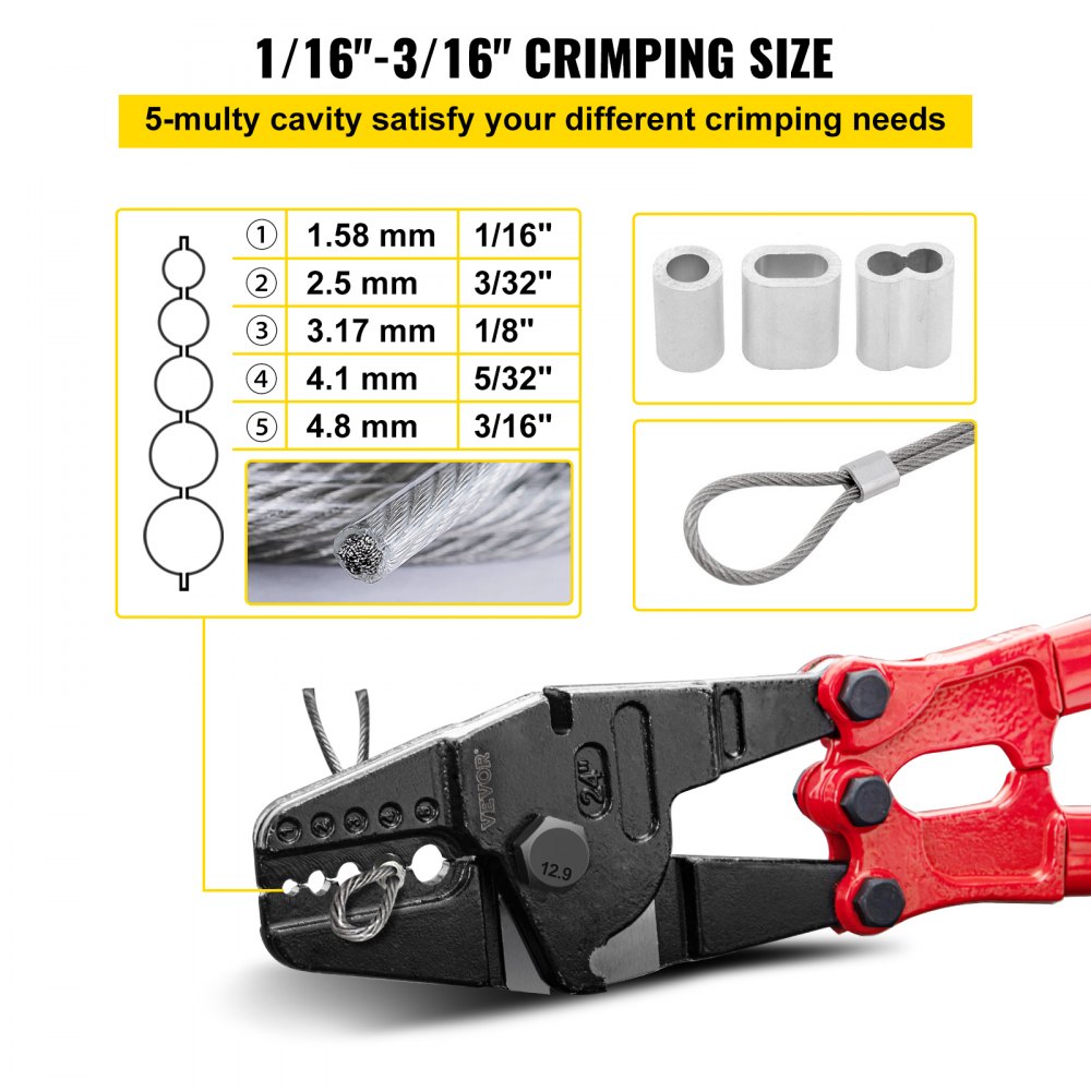 Bostome 24" hand swager crimper tool with 5 cavities for 1/16" to 3/16" wire rope.