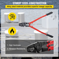 Bostome 24" hand swager crimper tool with 5 cavities for various wire rope sizes and ergonomic handle.