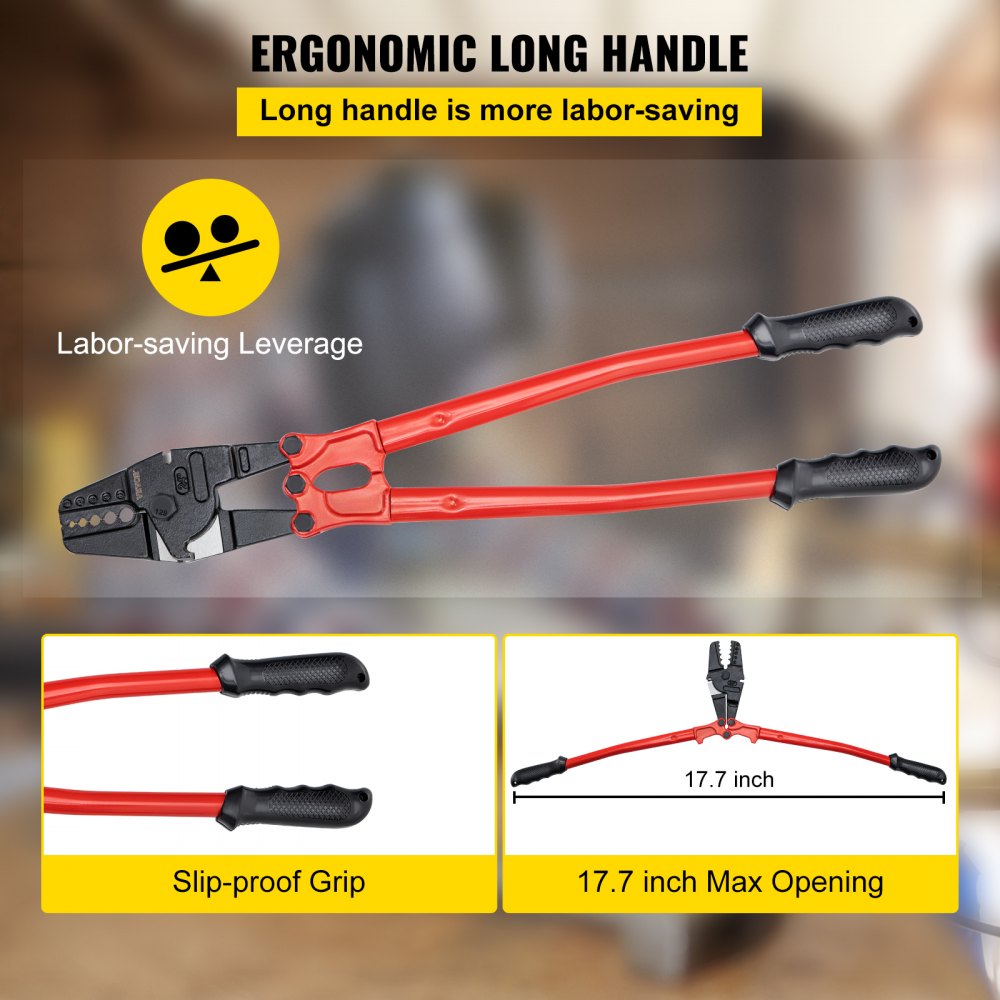Bostome 24" hand swager crimper tool with 5 cavities for various wire rope sizes.