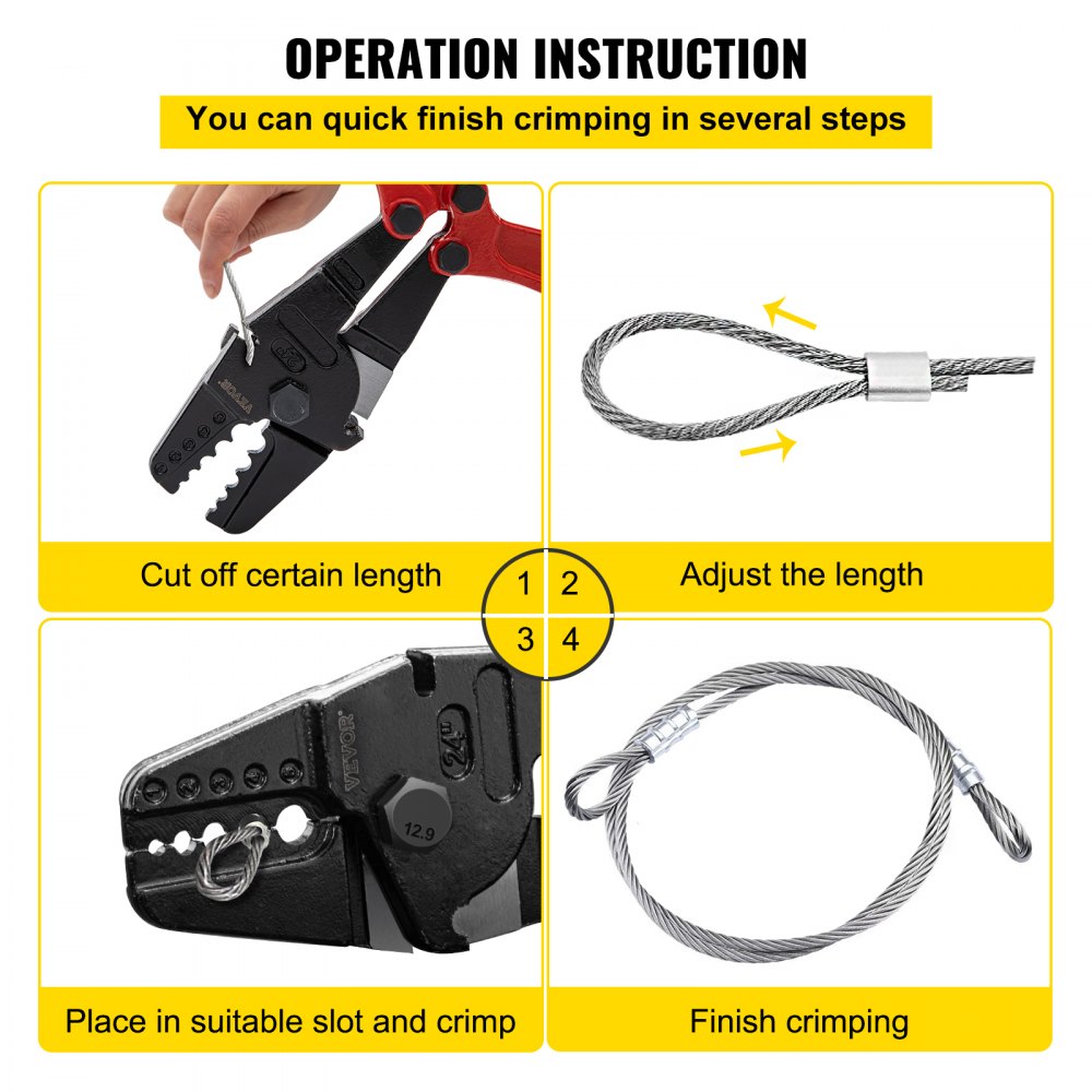 Bostome 24" hand swager crimper tool with five cavities for 1/16" to 3/16" wire rope.