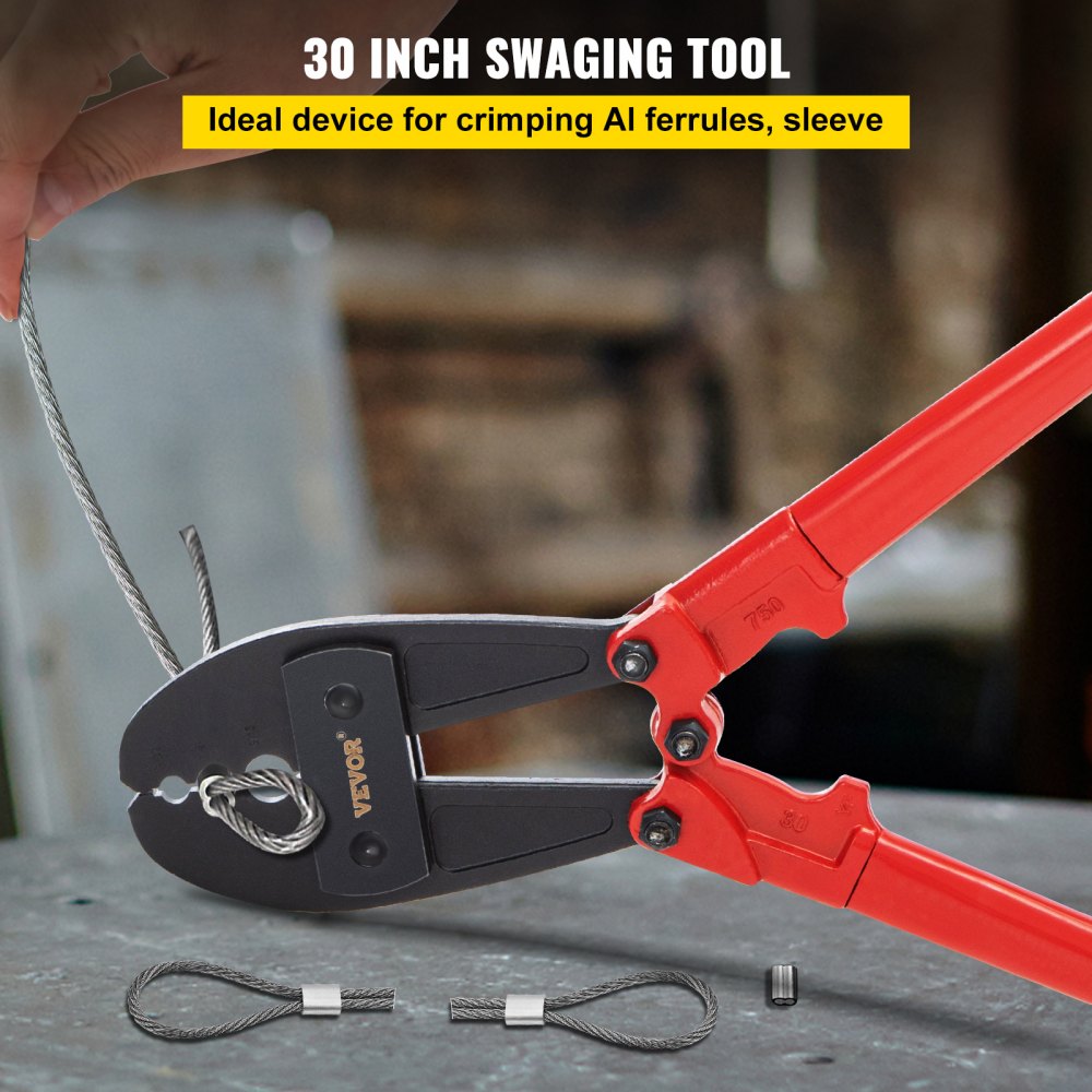30-inch hand swager crimper tool for 5/32" to 5/16" wire rope, made of alloy steel with ergonomic handle.