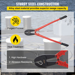 30-inch hand swager crimper tool for 5/32" to 5/16" wire rope, made of alloy steel with ergonomic handle.