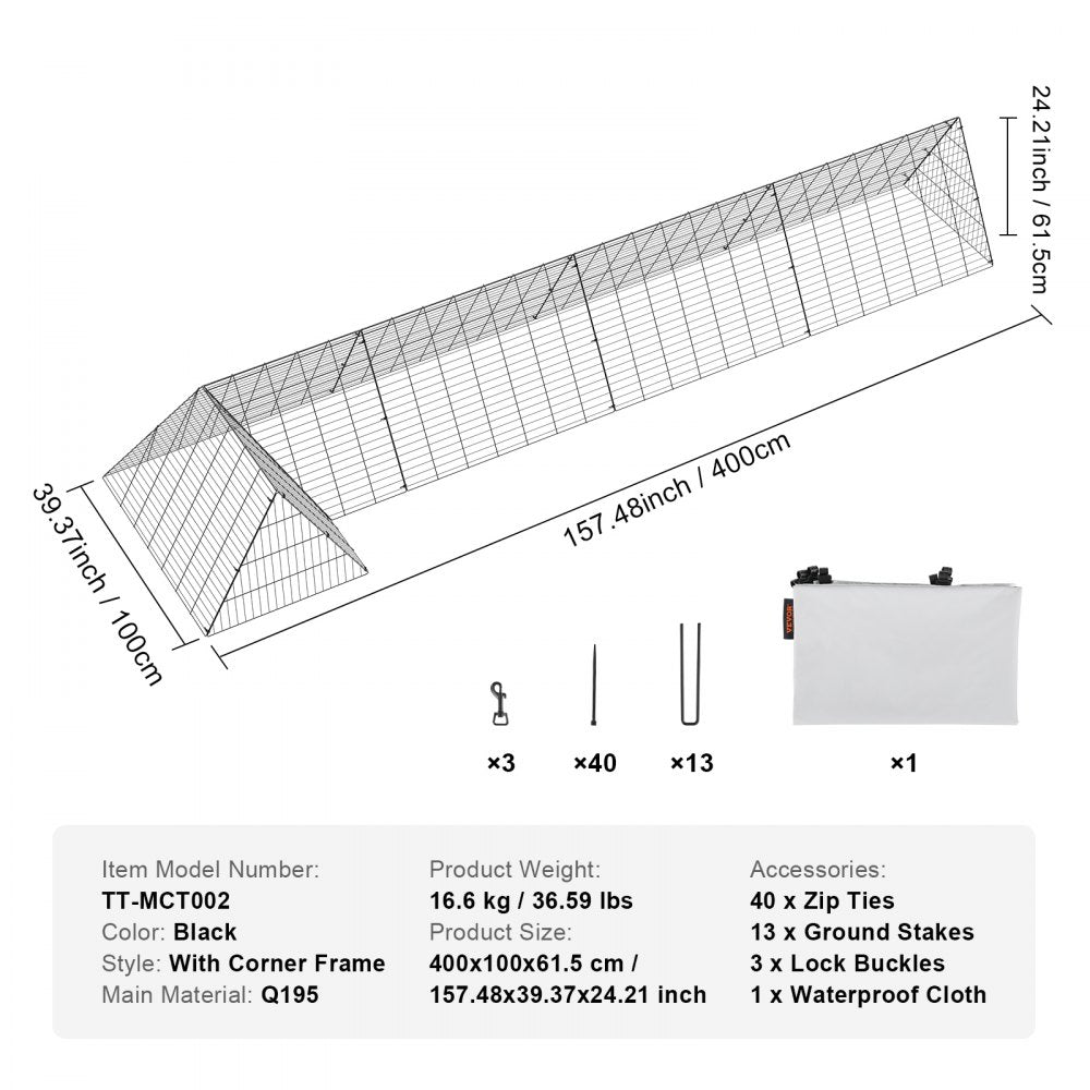Chicken Tunnels, 157.5 x 39.4 x 24.2 inch(LxWxH) Chicken Tunnels for Yard, Portable Chicken Tunnels for Outside with Corner Frames, Chicken Coop Run, Suitable for Chickens, Ducks, Rabbits