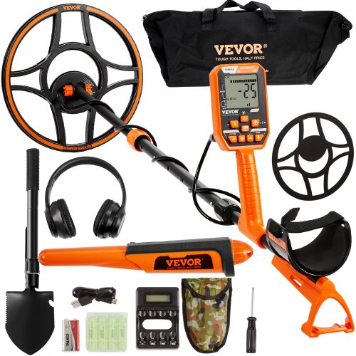 Orange Bostome waterproof metal detector with 12-inch coil, LCD display, headphones, and accessories.
