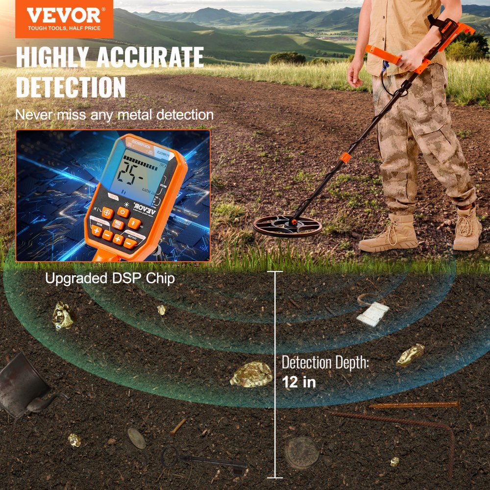 Orange Bostome waterproof metal detector with 12-inch coil held by a person in a field.