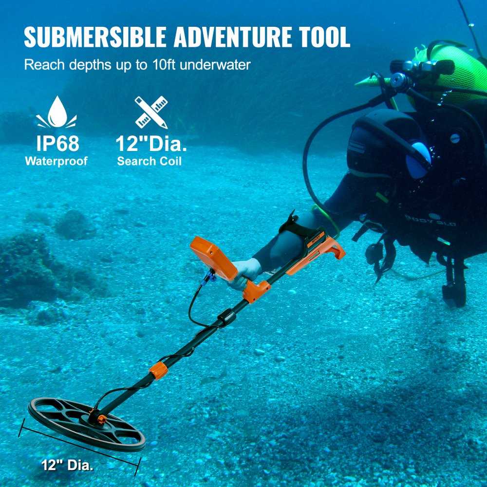 Orange waterproof metal detector with 12-inch coil, shown underwater with a diver.