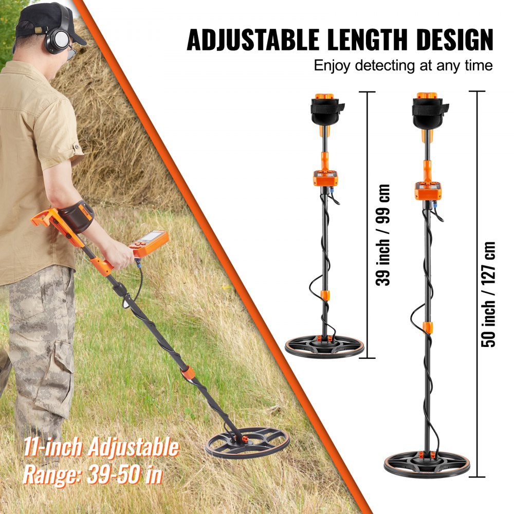 Man using Bostome waterproof metal detector with adjustable 39-50 inch handle in grassy field