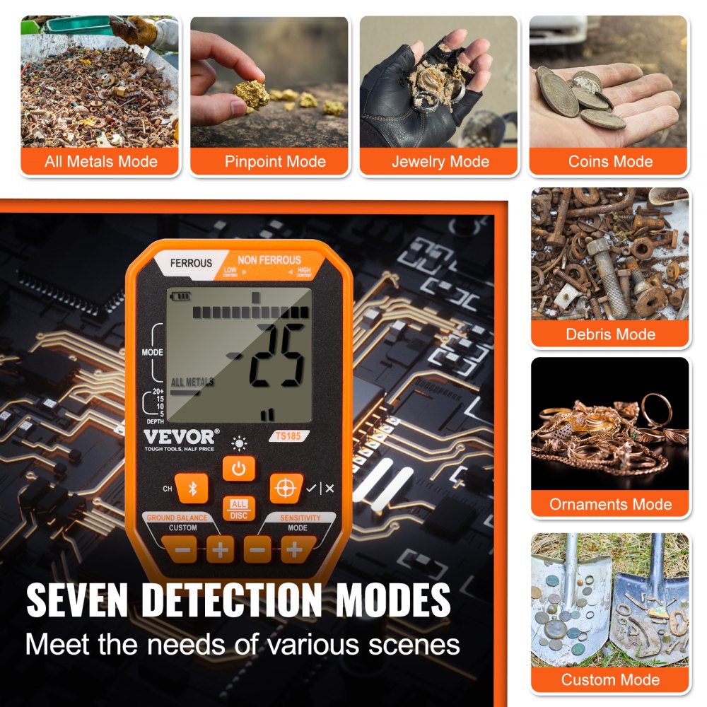 Bostome waterproof metal detector with 12-inch coil, IP68 rating, and seven detection modes shown on LCD display.