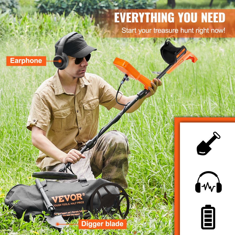Man using Bostome waterproof metal detector with 12-inch coil, headphones, and digger in grassy field.
