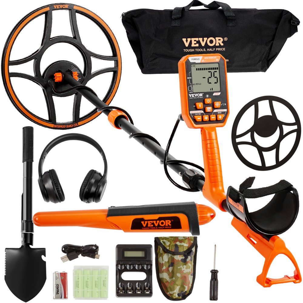 Waterproof metal detector with 12-inch coil, LCD display, shovel, headphones, and carrying bag.