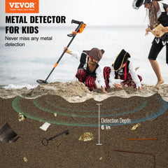 Bostome kids' metal detector with 6-inch waterproof coil, adjustable 26-36 inch shaft, and pirate-themed beach scene.
