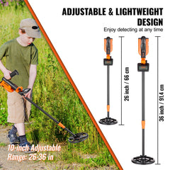 Boy using adjustable 26-36 inch metal detector with 6-inch waterproof coil outdoors.