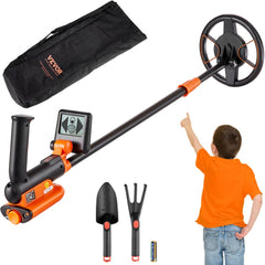 Bostome kids' metal detector with 6-inch waterproof coil, adjustable shaft, LCD screen, carry bag, shovel, and rake.