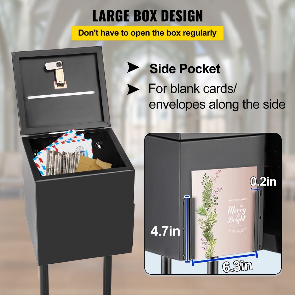 Ballot Box, Floor Standing Suggestion Box with Sign Holder and Lock, Side Pocket for Storing Ballots, Brochures, Donation Box for Home Office Church Election, 8.6 "W x 9.4 "H x 8 "D, Black