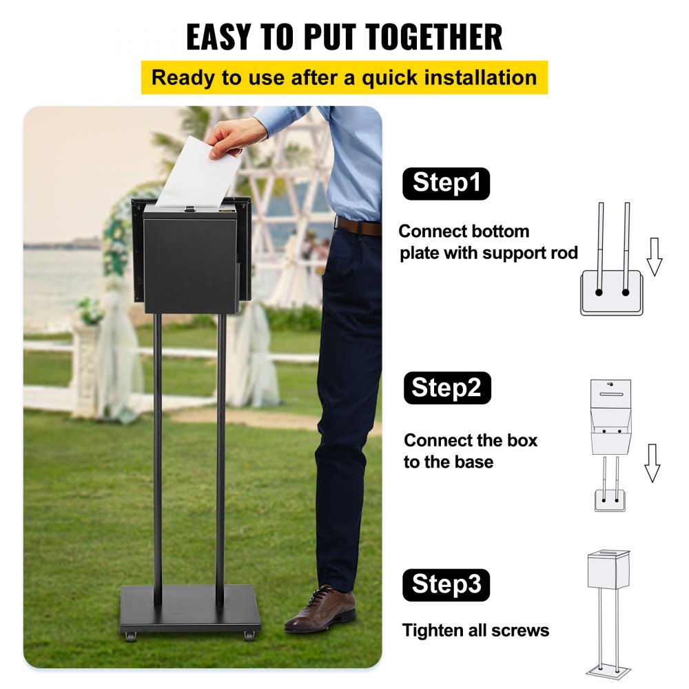 Ballot Box, Floor Standing Suggestion Box with Sign Holder and Lock, Side Pocket for Storing Ballots, Brochures, Donation Box for Home Office Church Election, 8.6 "W x 9.4 "H x 8 "D, Black