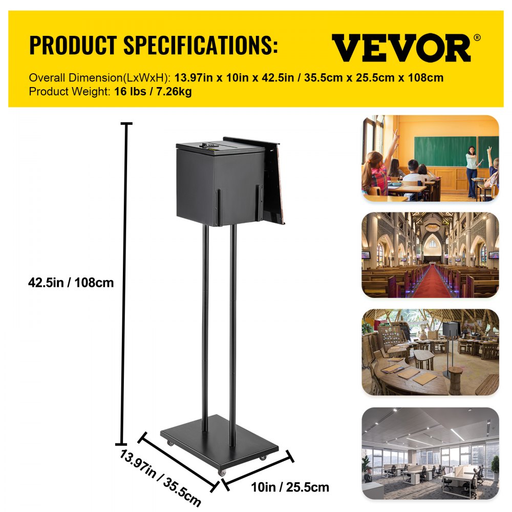 Ballot Box, Floor Standing Suggestion Box with Sign Holder and Lock, Side Pocket for Storing Ballots, Brochures, Donation Box for Home Office Church Election, 8.6 "W x 9.4 "H x 8 "D, Black