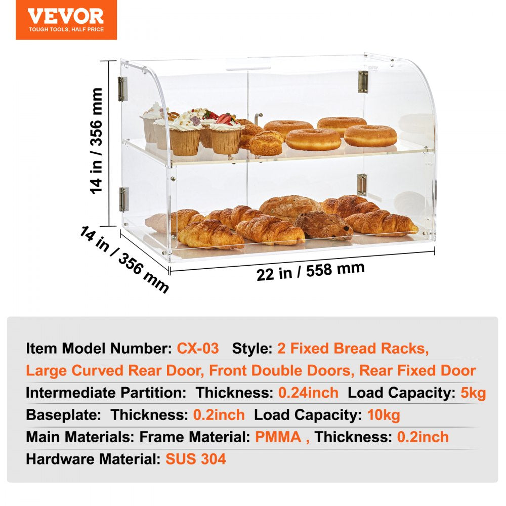 Pastry Display Case, 2-Tier Commercial Countertop Bakery Display Case, Acrylic Display Box with Rear Door Access & Removable Shelves, Keep Fresh for Donut Bagels Cake Cookie, 22"x14"x14"