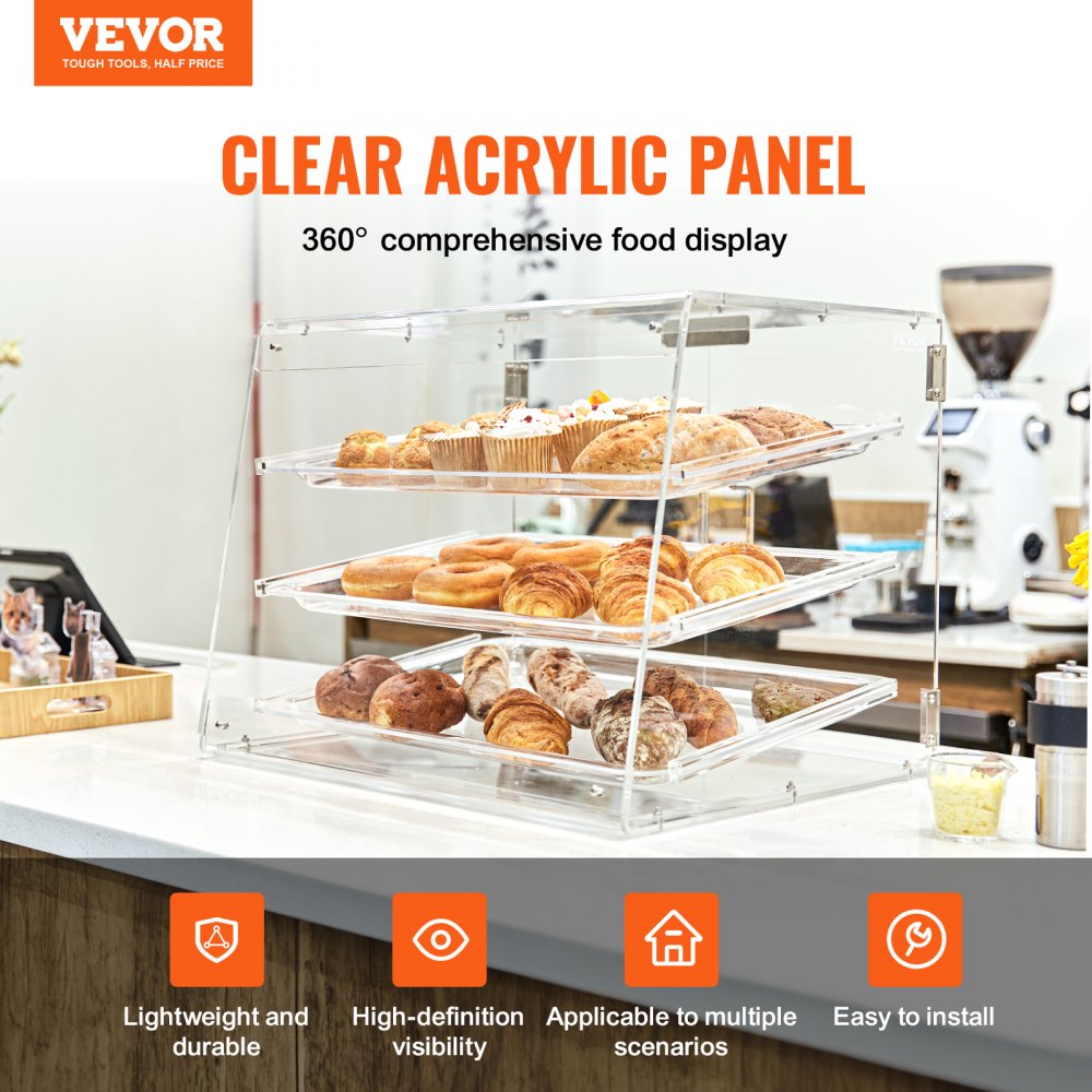 Pastry Display Case, 3-Tier Commercial Countertop Bakery Display Case, Acrylic Display Box with Rear Door Access & Removable Shelves, Keep Fresh for Donut Bagels Cake Cookie, 20.7"x14.2"x16.3"