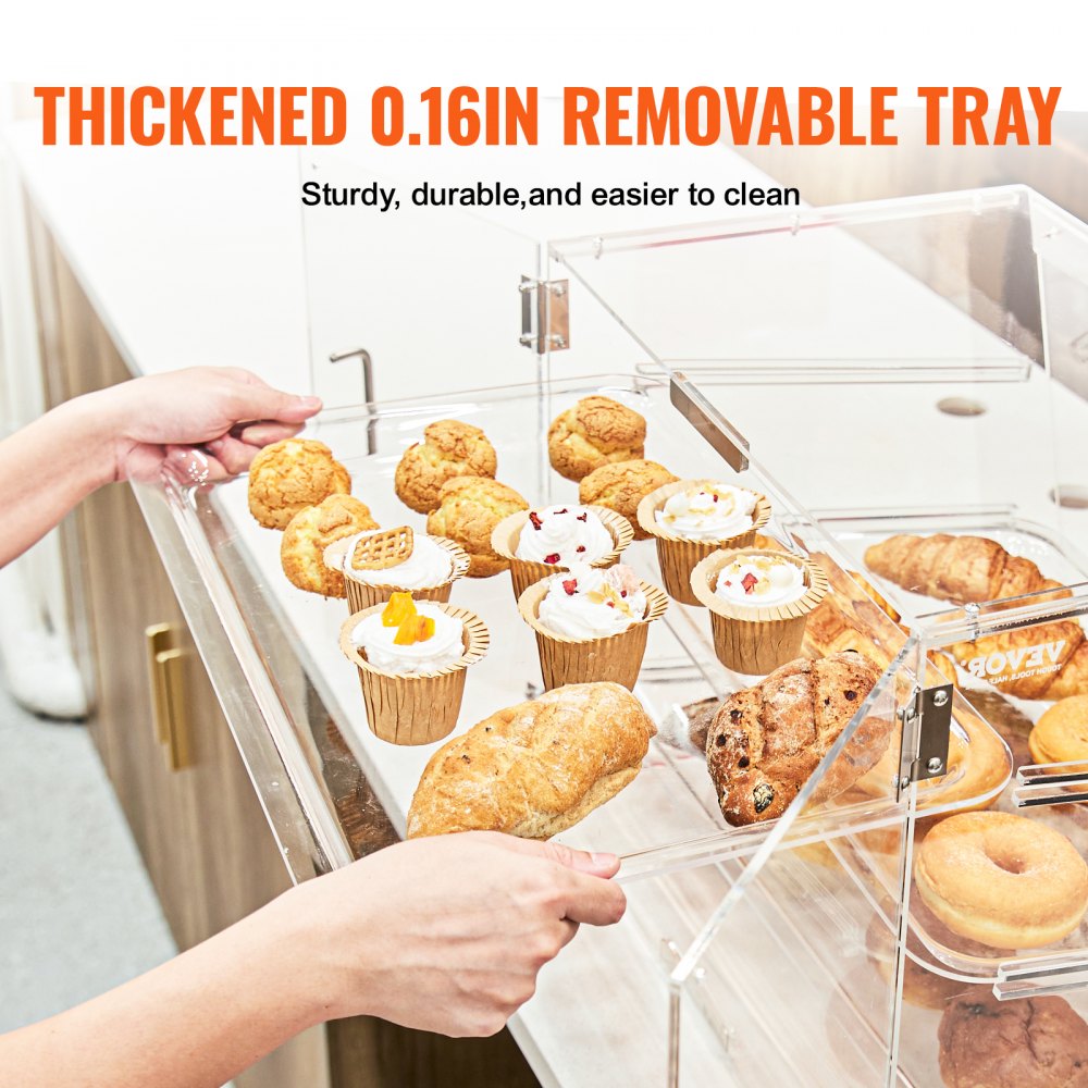 Pastry Display Case, 3-Tier Commercial Countertop Bakery Display Case, Acrylic Display Box with Rear Door Access & Removable Shelves, Keep Fresh for Donut Bagels Cake Cookie, 20.7"x14.2"x16.3"