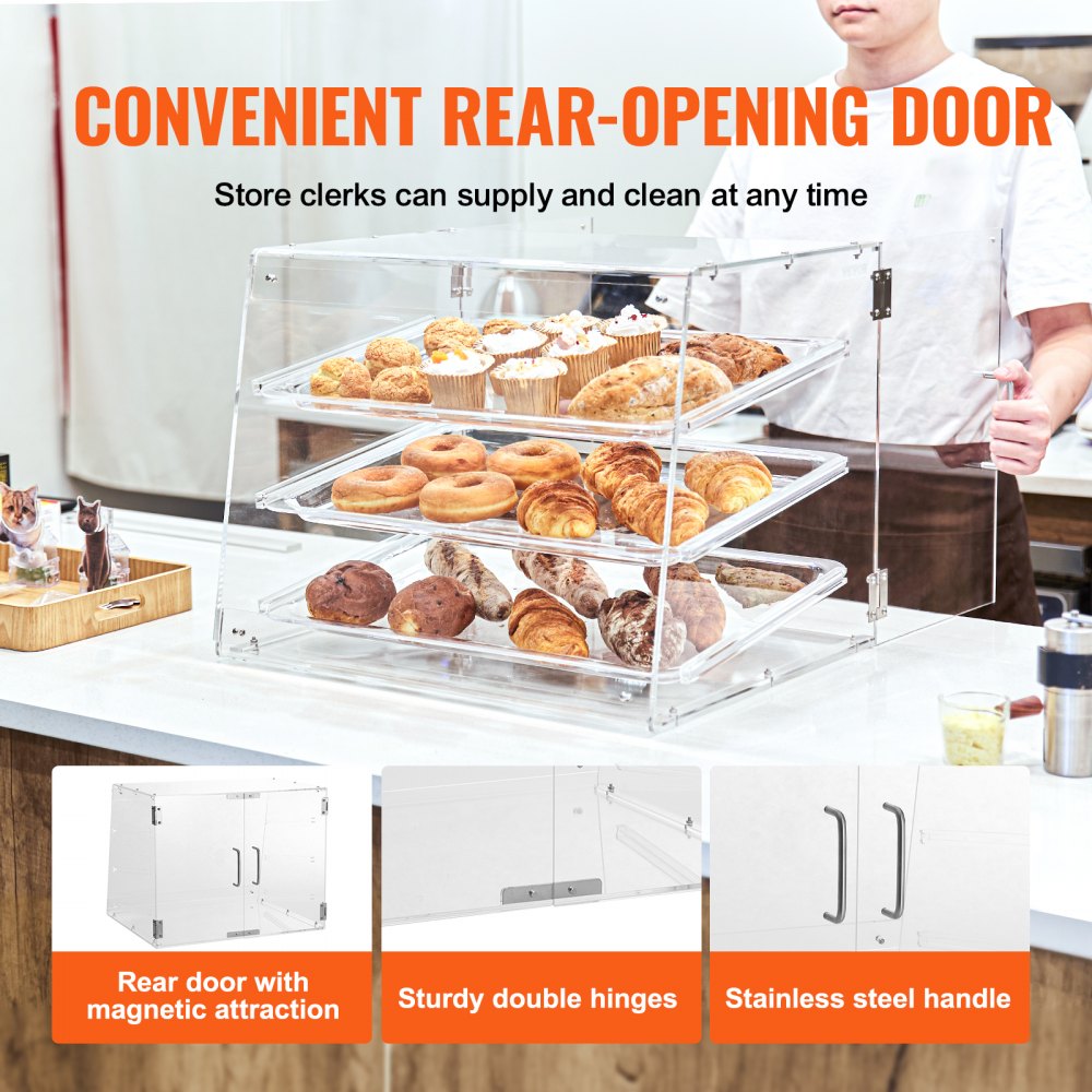 Pastry Display Case, 3-Tier Commercial Countertop Bakery Display Case, Acrylic Display Box with Rear Door Access & Removable Shelves, Keep Fresh for Donut Bagels Cake Cookie, 20.7"x14.2"x16.3"