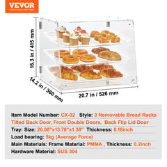 Pastry Display Case, 3-Tier Commercial Countertop Bakery Display Case, Acrylic Display Box with Rear Door Access & Removable Shelves, Keep Fresh for Donut Bagels Cake Cookie, 20.7"x14.2"x16.3"