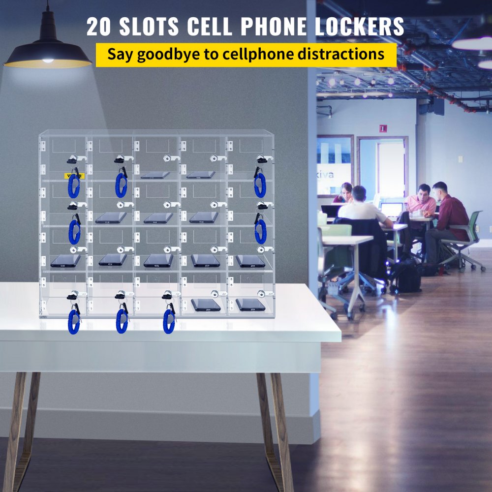 Cell Phone Storage Locker, 20 Slots Acrylic Material with Door Locks and Keys, Wall-Mounted Cabinet Pocket Office Classroom Gym Box, Clear
