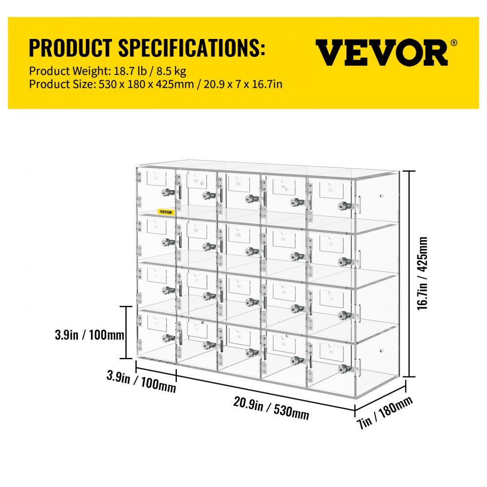 Cell Phone Storage Locker, 20 Slots Acrylic Material with Door Locks and Keys, Wall-Mounted Cabinet Pocket Office Classroom Gym Box, Clear