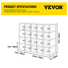 Cell Phone Storage Locker, 20 Slots Acrylic Material with Door Locks and Keys, Wall-Mounted Cabinet Pocket Office Classroom Gym Box, Clear