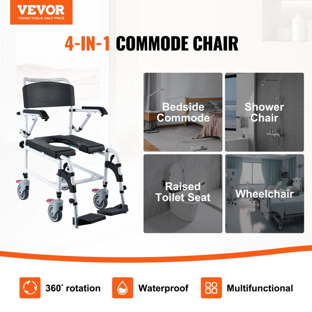 Shower Commode Wheelchair with 4 Lockable Wheels, Footrests, Flip-up Arms, 3-Level Adjustable Height, 5L Removable Bucket, 350 LBS Capacity, Commode Chair for Adults Seniors