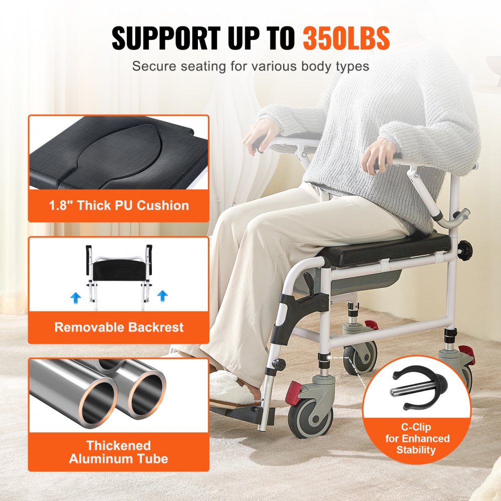 Shower Commode Wheelchair with 4 Lockable Wheels, Footrests, Flip-up Arms, 3-Level Adjustable Height, 5L Removable Bucket, 350 LBS Capacity, Commode Chair for Adults Seniors