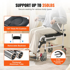 Shower Commode Wheelchair with 4 Lockable Wheels, Footrests, Flip-up Arms, 3-Level Adjustable Height, 5L Removable Bucket, 350 LBS Capacity, Commode Chair for Adults Seniors