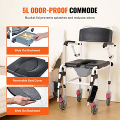 Shower Commode Wheelchair with 4 Lockable Wheels, Footrests, Flip-up Arms, 3-Level Adjustable Height, 5L Removable Bucket, 350 LBS Capacity, Commode Chair for Adults Seniors