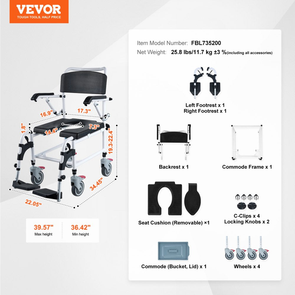 Shower Commode Wheelchair with 4 Lockable Wheels, Footrests, Flip-up Arms, 3-Level Adjustable Height, 5L Removable Bucket, 350 LBS Capacity, Commode Chair for Adults Seniors