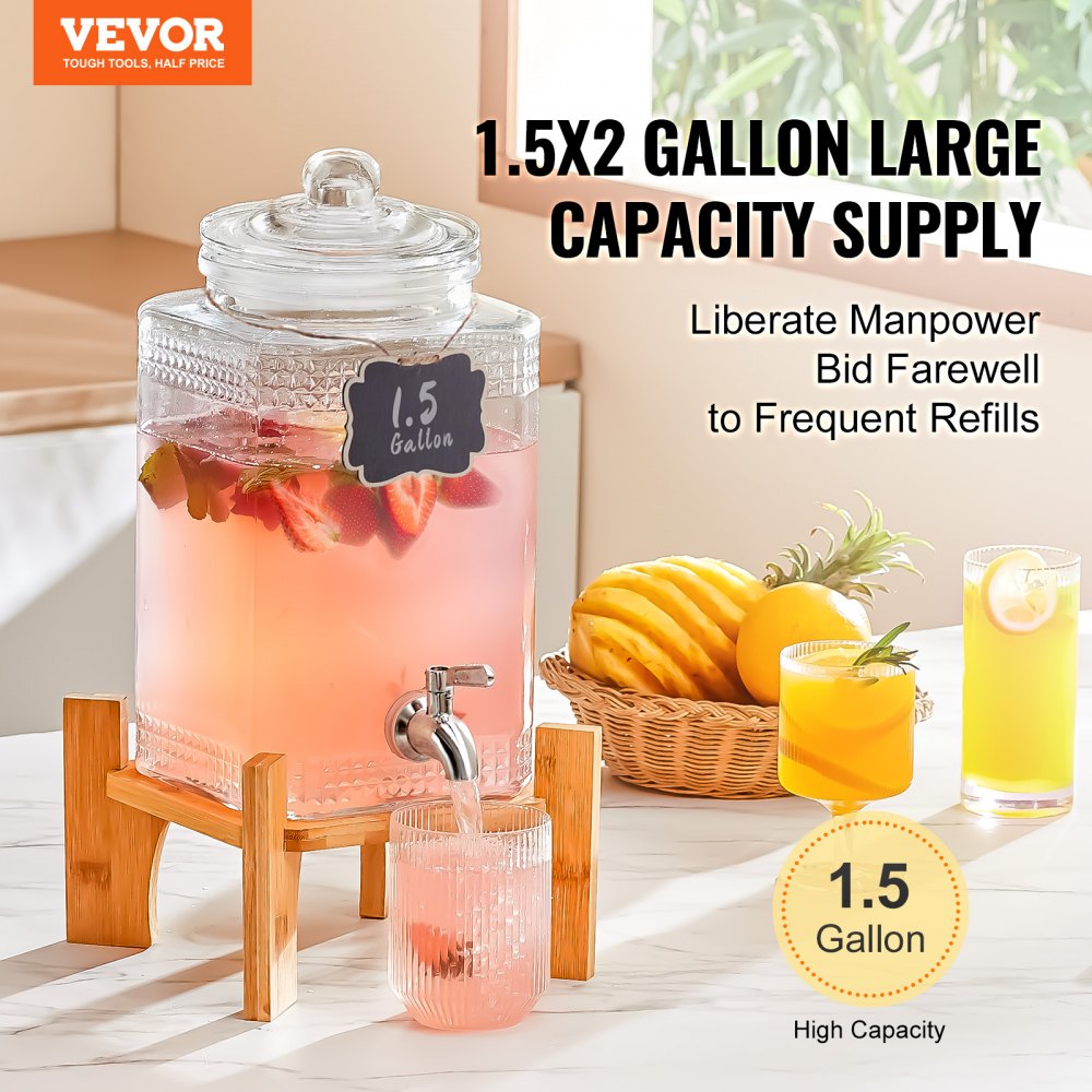Beverage Dispenser, 1.5 Gallon Drink Dispensers for Parties, Glass Juice Dispenser with Stand, Stainless Steel Spigot, Iced Tea Lemonade Juice Water Dispenser, for Restaurants, Hotels, Parties