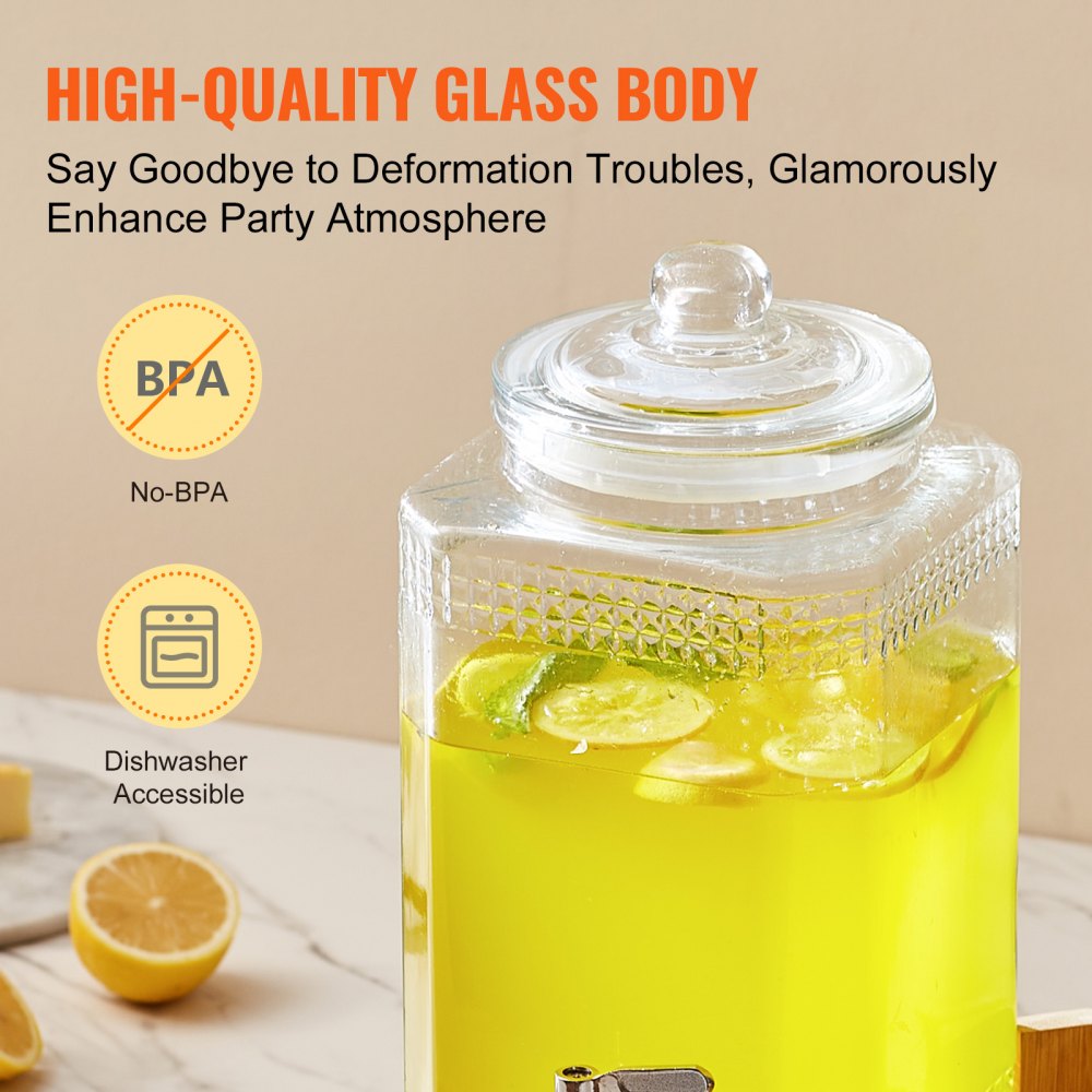 Beverage Dispenser, 1.5 Gallon Drink Dispensers for Parties, Glass Juice Dispenser with Stand, Stainless Steel Spigot, Iced Tea Lemonade Juice Water Dispenser, for Restaurants, Hotels, Parties