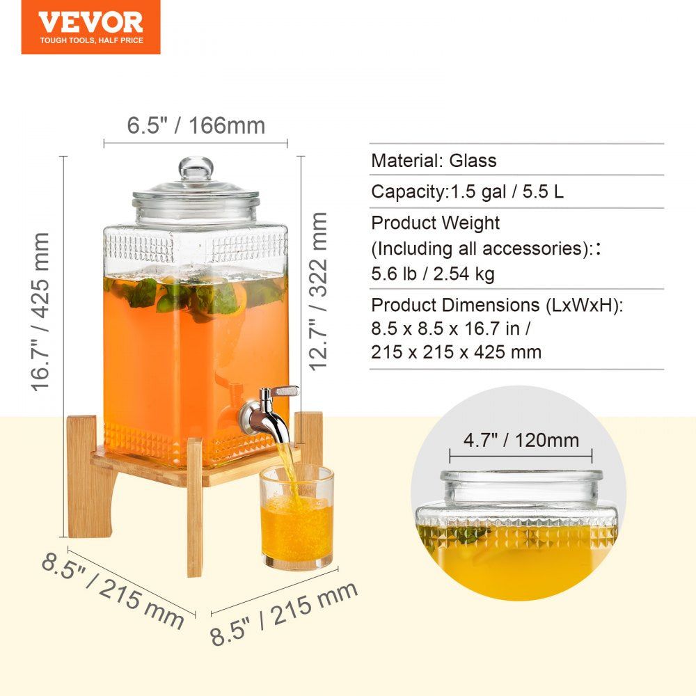 Beverage Dispenser, 1.5 Gallon Drink Dispensers for Parties, Glass Juice Dispenser with Stand, Stainless Steel Spigot, Iced Tea Lemonade Juice Water Dispenser, for Restaurants, Hotels, Parties