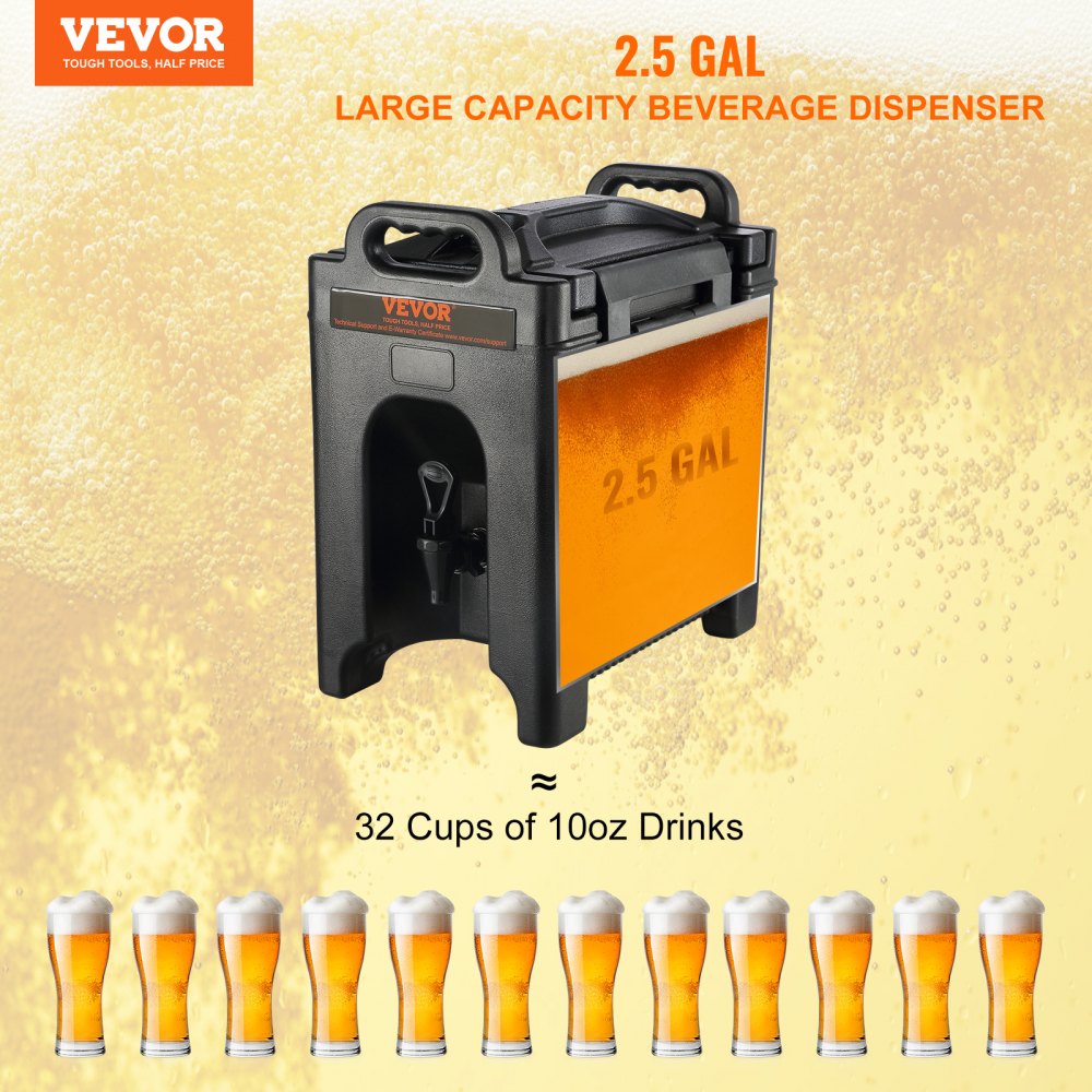 Insulated Beverage Dispenser, 2.5 Gallon, Food-grade LDPE Hot and Cold Beverage Server, Thermal Drink Dispenser Cooler with 0.9 in PU Layer Two-Stage Faucet Handle, for Restaurant Drink Shop