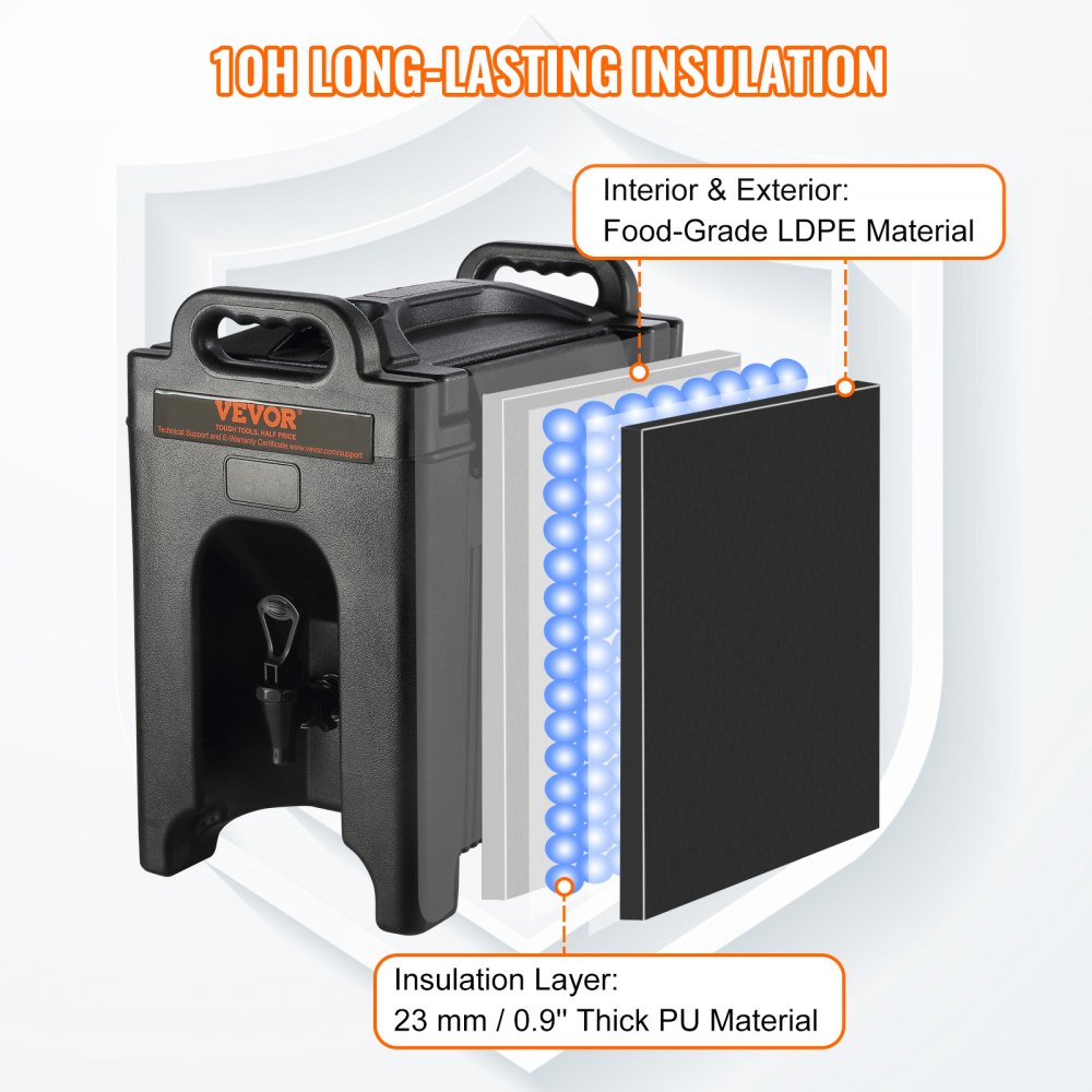 Insulated Beverage Dispenser, 2.5 Gallon, Food-grade LDPE Hot and Cold Beverage Server, Thermal Drink Dispenser Cooler with 0.9 in PU Layer Two-Stage Faucet Handle, for Restaurant Drink Shop