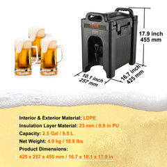 Insulated Beverage Dispenser, 2.5 Gallon, Food-grade LDPE Hot and Cold Beverage Server, Thermal Drink Dispenser Cooler with 0.9 in PU Layer Two-Stage Faucet Handle, for Restaurant Drink Shop