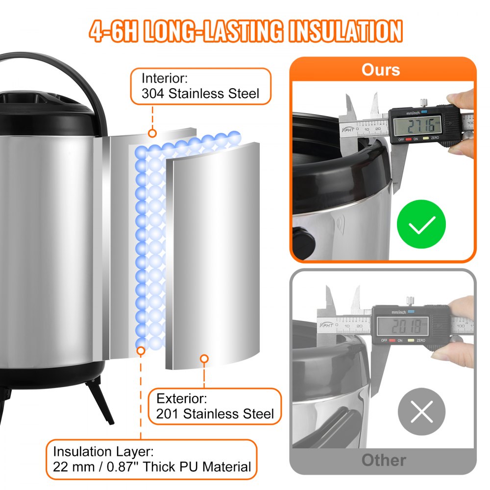 Stainless Steel Insulated Beverage Dispenser, 2 Gallon 7.6 Liter, Thermal Hot and Cold Drink Server Dispenser with Spigot Handle, Food-grade for Hot Tea Coffee Water Restaurant Drink Shop