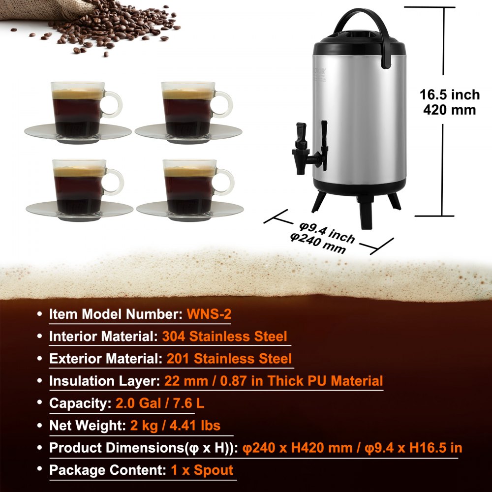 Stainless Steel Insulated Beverage Dispenser, 2 Gallon 7.6 Liter, Thermal Hot and Cold Drink Server Dispenser with Spigot Handle, Food-grade for Hot Tea Coffee Water Restaurant Drink Shop