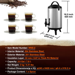 Stainless Steel Insulated Beverage Dispenser, 2 Gallon 7.6 Liter, Thermal Hot and Cold Drink Server Dispenser with Spigot Handle, Food-grade for Hot Tea Coffee Water Restaurant Drink Shop