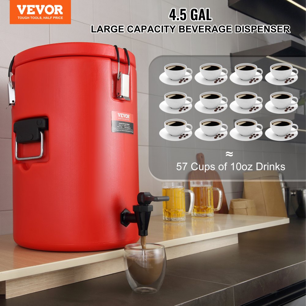Stainless Steel Insulated Beverage Dispenser, 4.5 Gallon 17.2 Liter, Thermal Hot and Cold Drink Server Dispenser with Spigot Handle, Food-grade for Hot Tea Coffee Water Restaurant Drink Shop