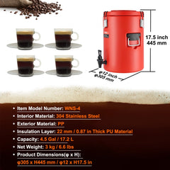 Stainless Steel Insulated Beverage Dispenser, 4.5 Gallon 17.2 Liter, Thermal Hot and Cold Drink Server Dispenser with Spigot Handle, Food-grade for Hot Tea Coffee Water Restaurant Drink Shop