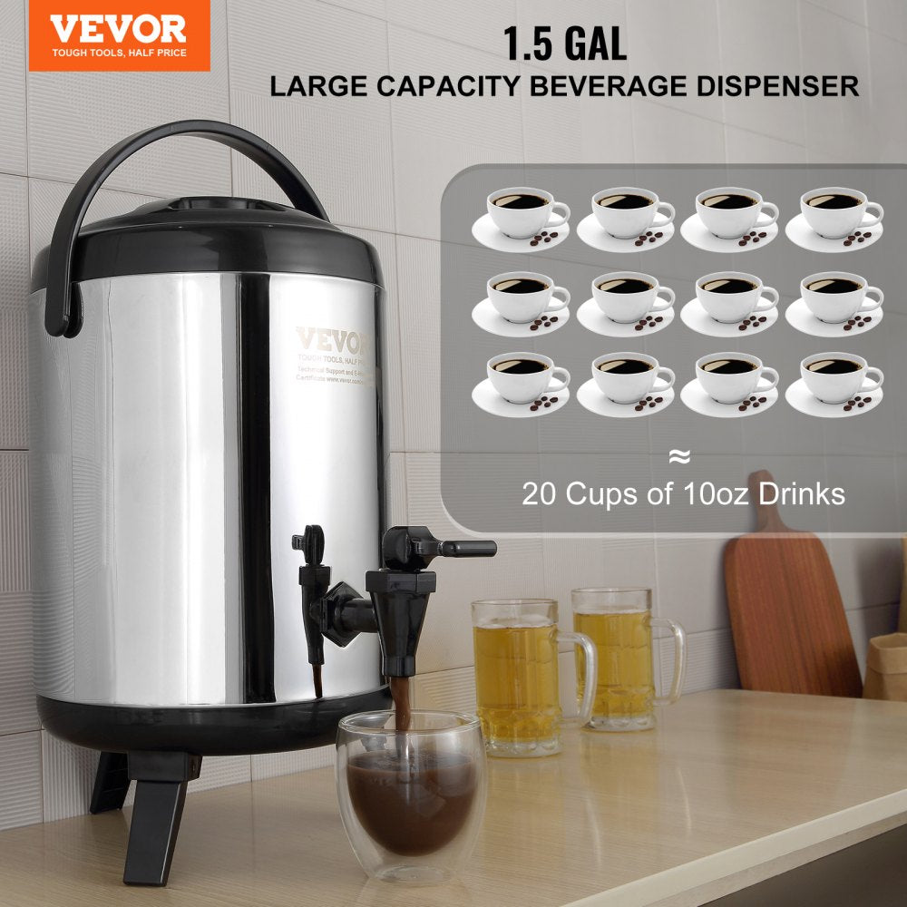 Stainless Steel Insulated Beverage Dispenser, 1.5 Gallon 6 Liter, Thermal Hot and Cold Drink Server Dispenser with Spigot Handle, Food-grade for Hot Tea Coffee Water Restaurant Drink Shop