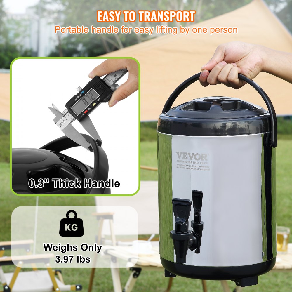 Stainless Steel Insulated Beverage Dispenser, 1.5 Gallon 6 Liter, Thermal Hot and Cold Drink Server Dispenser with Spigot Handle, Food-grade for Hot Tea Coffee Water Restaurant Drink Shop