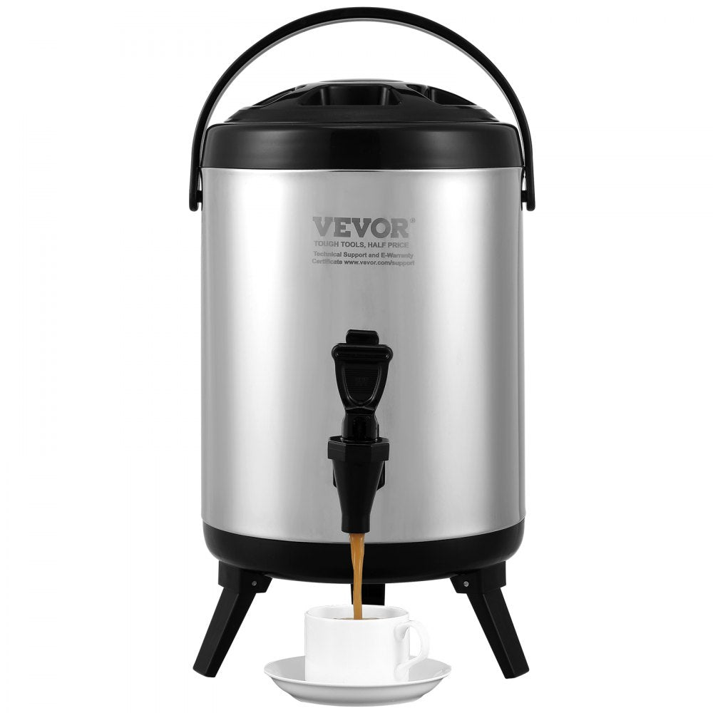 Stainless Steel Insulated Beverage Dispenser, 1.5 Gallon 6 Liter, Thermal Hot and Cold Drink Server Dispenser with Spigot Handle, Food-grade for Hot Tea Coffee Water Restaurant Drink Shop