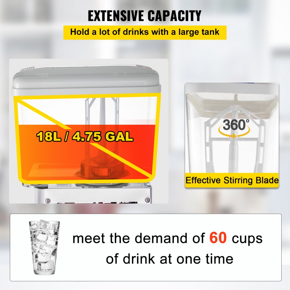 Commercial Beverage Dispenser, 4.8 Gallon 1 Tank Cold Beverage Dispenser, 200W Food Grade Material Stainless Steel Commercial Juice Dispenser With Thermostat Controller for Cold Drink