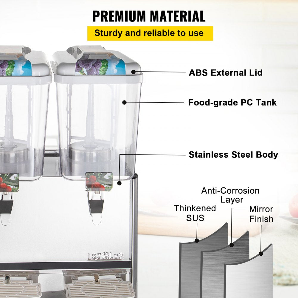 110V Commercial Beverage Dispenser,9.5 Gallon 36L 2 Tanks Juice Dispenser Commercial,18 Liter Per Tank 300W Stainless Steel Food Grade Material Ice Tea Drink Dispenser Equipped with Thermostat Controller