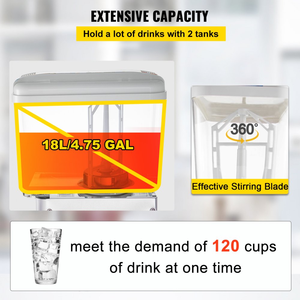 110V Commercial Beverage Dispenser,9.5 Gallon 36L 2 Tanks Juice Dispenser Commercial,18 Liter Per Tank 300W Stainless Steel Food Grade Material Ice Tea Drink Dispenser Equipped with Thermostat Controller